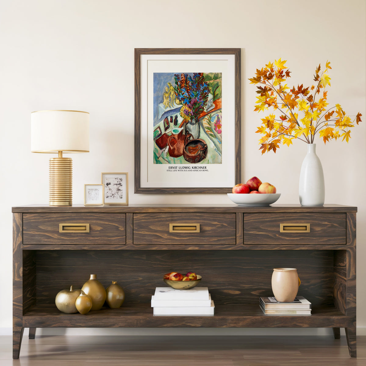 Still Life with Jug print in a walnut frame above a console with branches