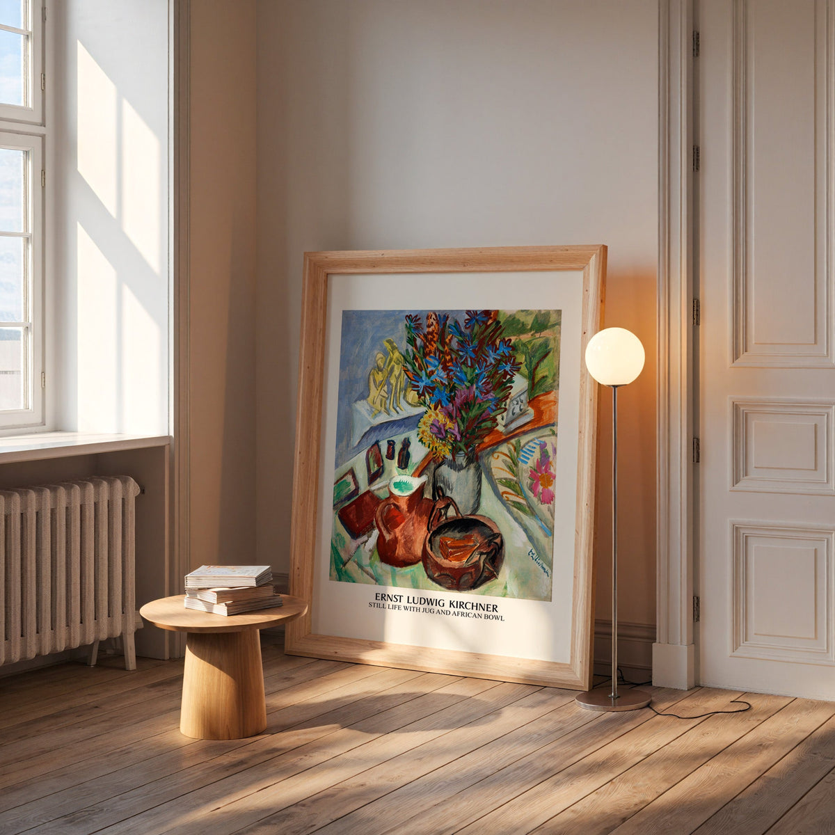 Expressionist still life in a wide pine frame leaning by a sunlit window
