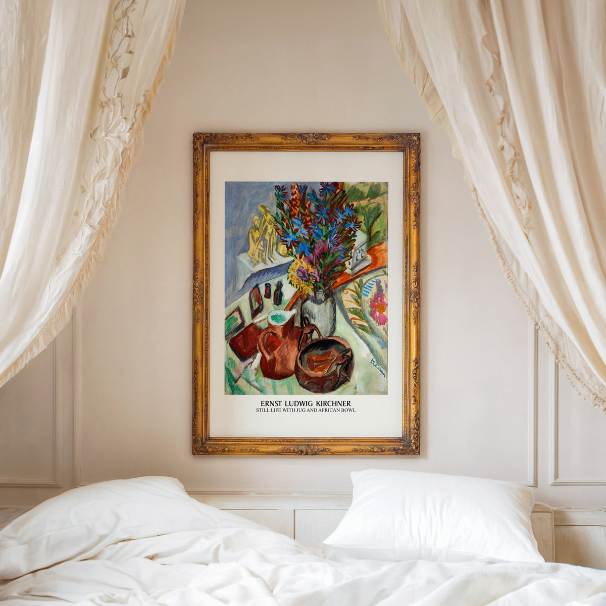 Still Life with Jug print shown in an ornate gold frame above a canopy bed
