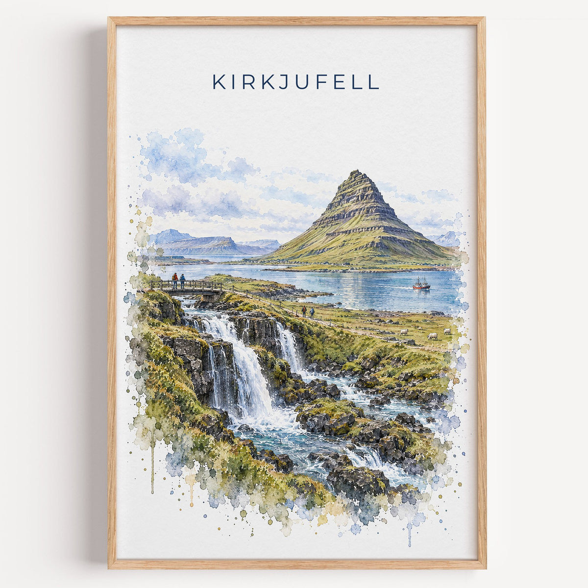 Kirkjufell watercolor print in a light oak frame on a plain white wall