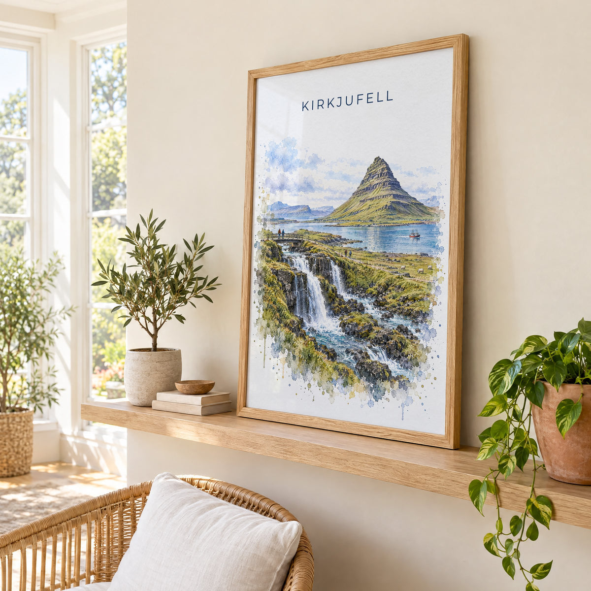 Kirkjufell watercolor print in an oak frame on a picture ledge in a sunlit sunroom