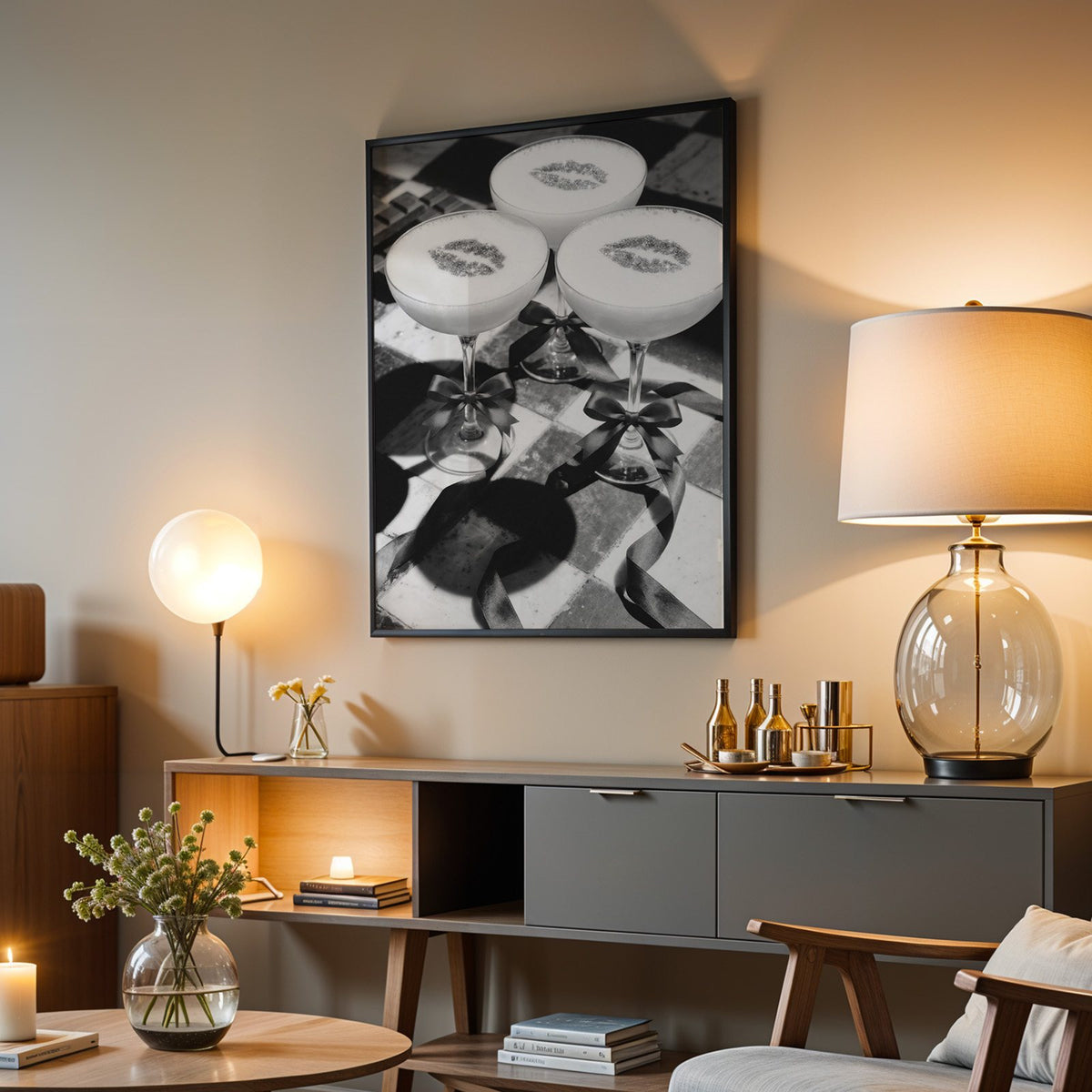 Three coupe cocktails with kiss marks and bows print in a black frame above a grey media console with a glass table lamp