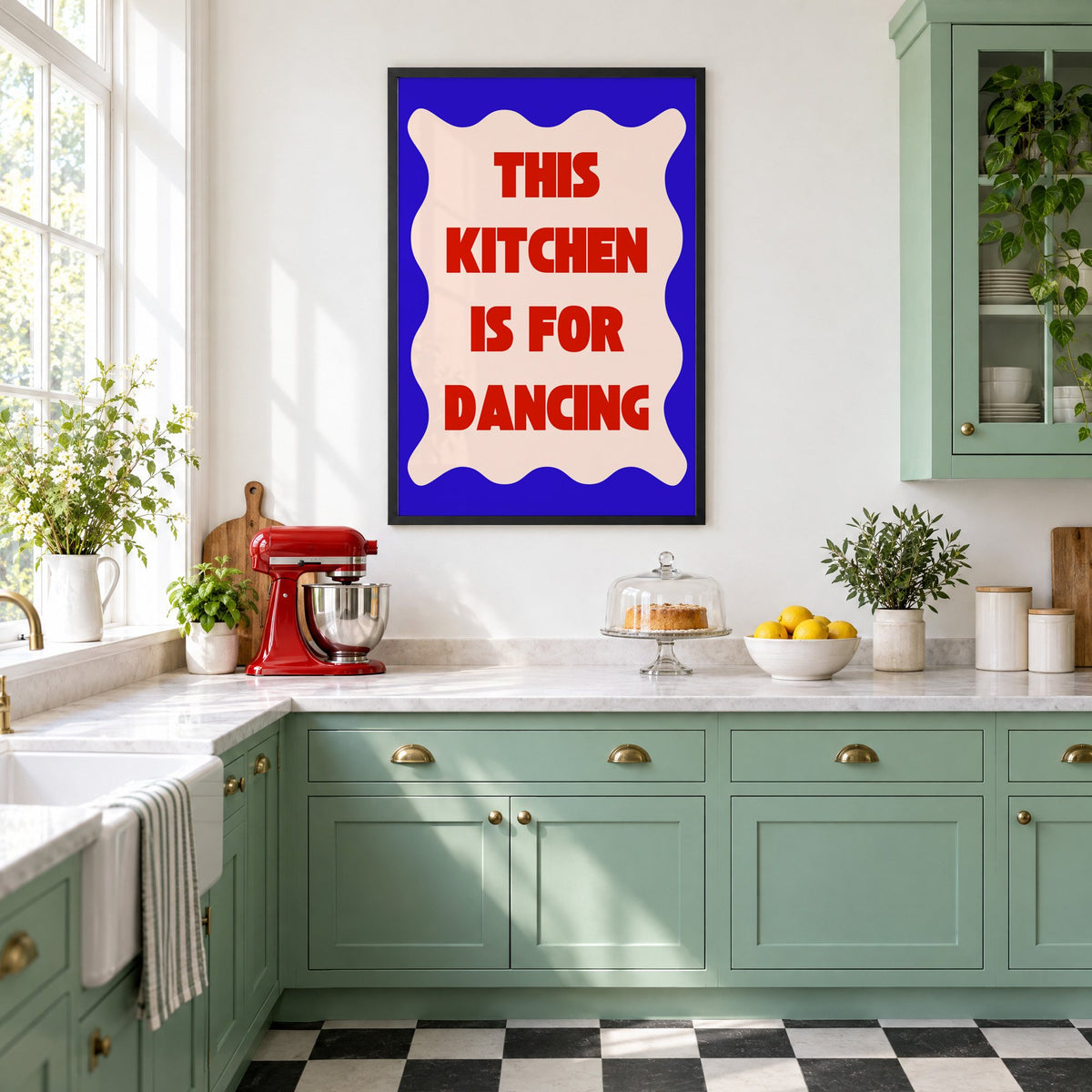 Kitchen Is for Dancing wavy blue print in a black frame in a mint green retro kitchen above a red stand mixer