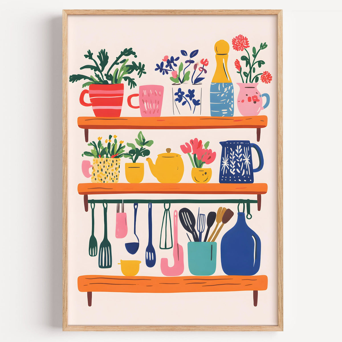 Kitchen shelf print in a light oak frame on a plain white wall
