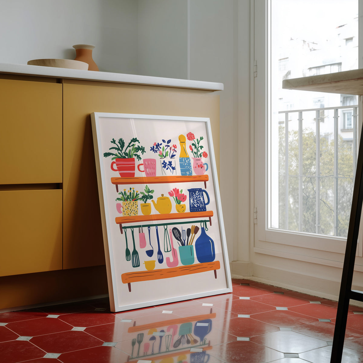 Kitchen shelf print in a white frame against yellow cabinets on a red tiled floor