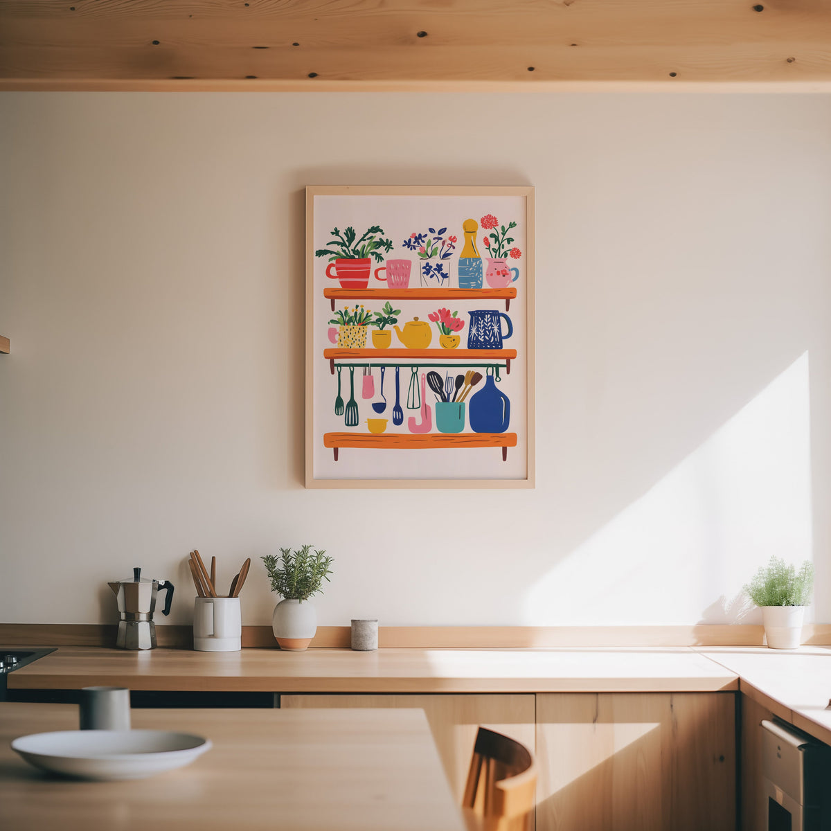 Kitchen shelf print in an oak frame above a wood counter with a moka pot and herbs