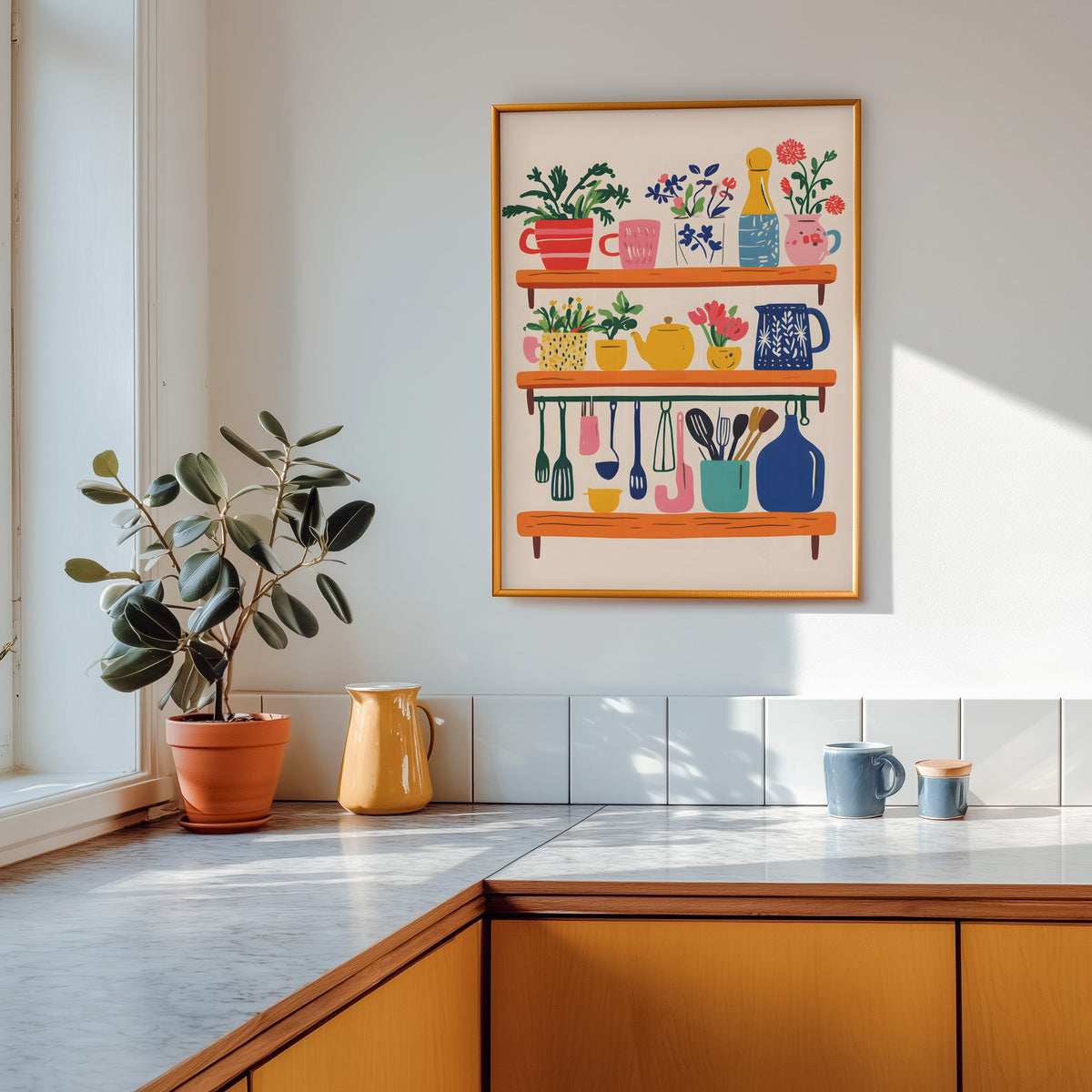 Kitchen shelf print in a gold frame above a marble counter with a yellow ceramic jug