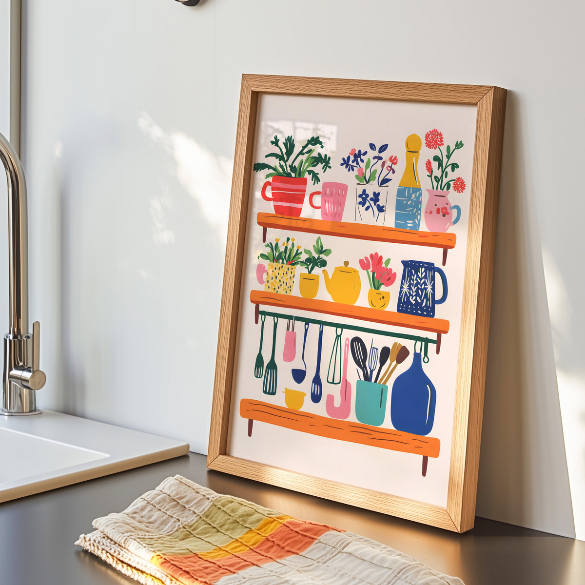 Kitchen shelf print in an oak frame by the kitchen sink beside a striped tea towel