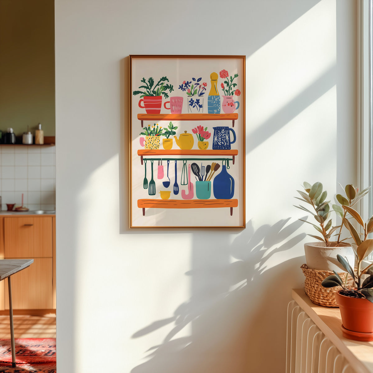 Kitchen shelf print in a gold frame in sunlight with plants and a kitchen beyond