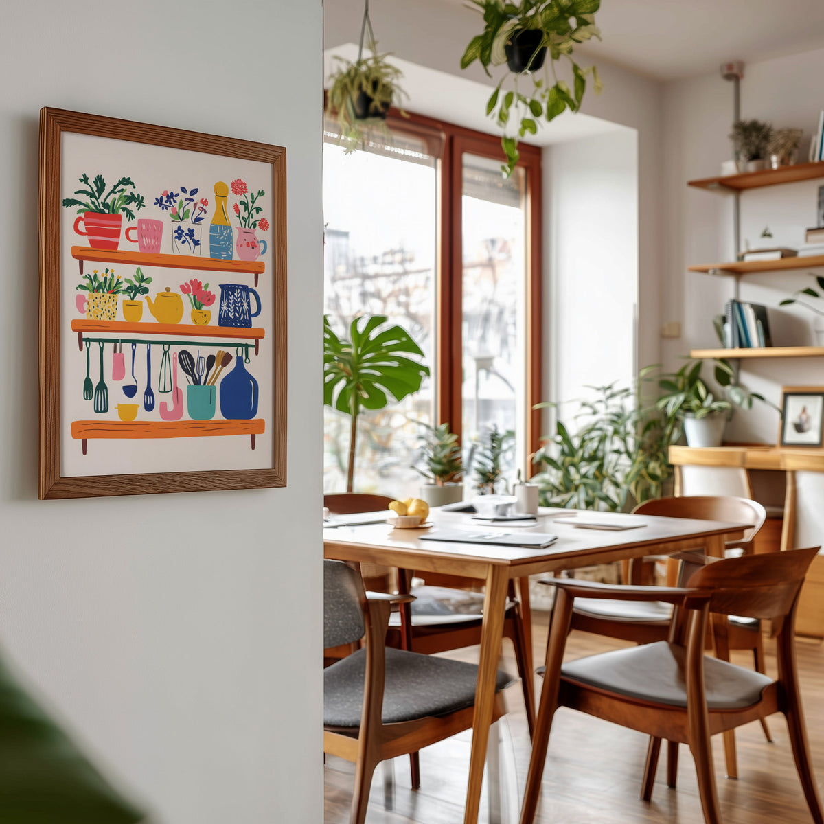 Kitchen shelf print in a walnut frame beside a mid-century dining table