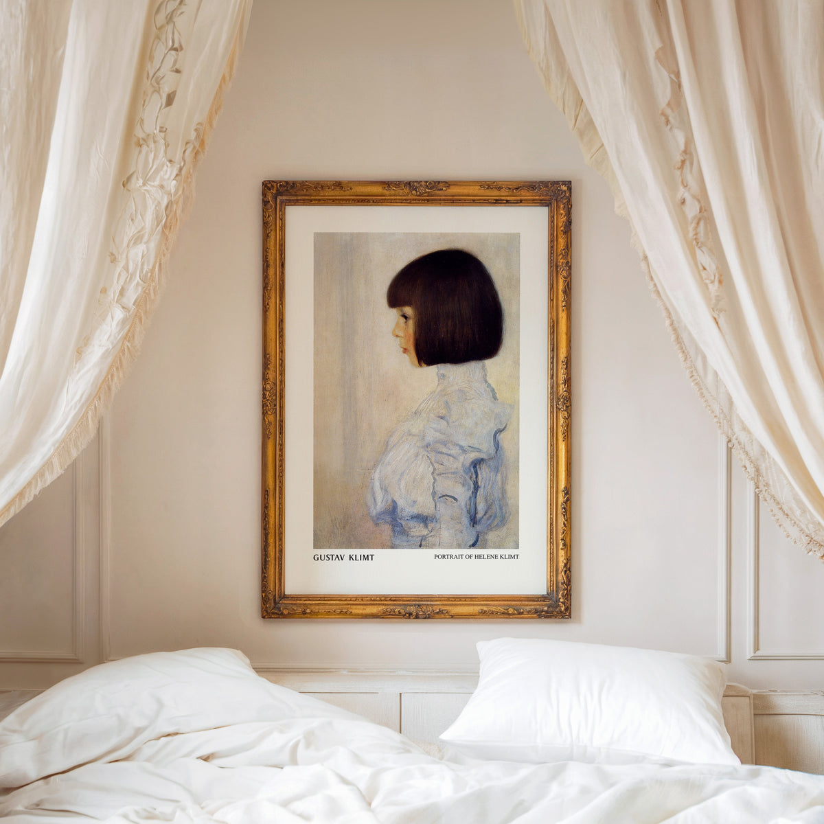 Portrait of Helene Klimt print shown in an ornate gold frame above a canopy bed