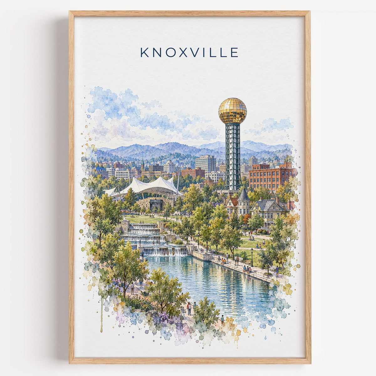 Knoxville watercolor print in a light oak frame on a plain white wall