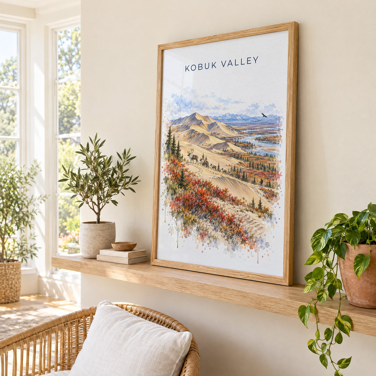 Kobuk Valley National Park watercolor print in an oak frame on a picture ledge in a sunlit sunroom