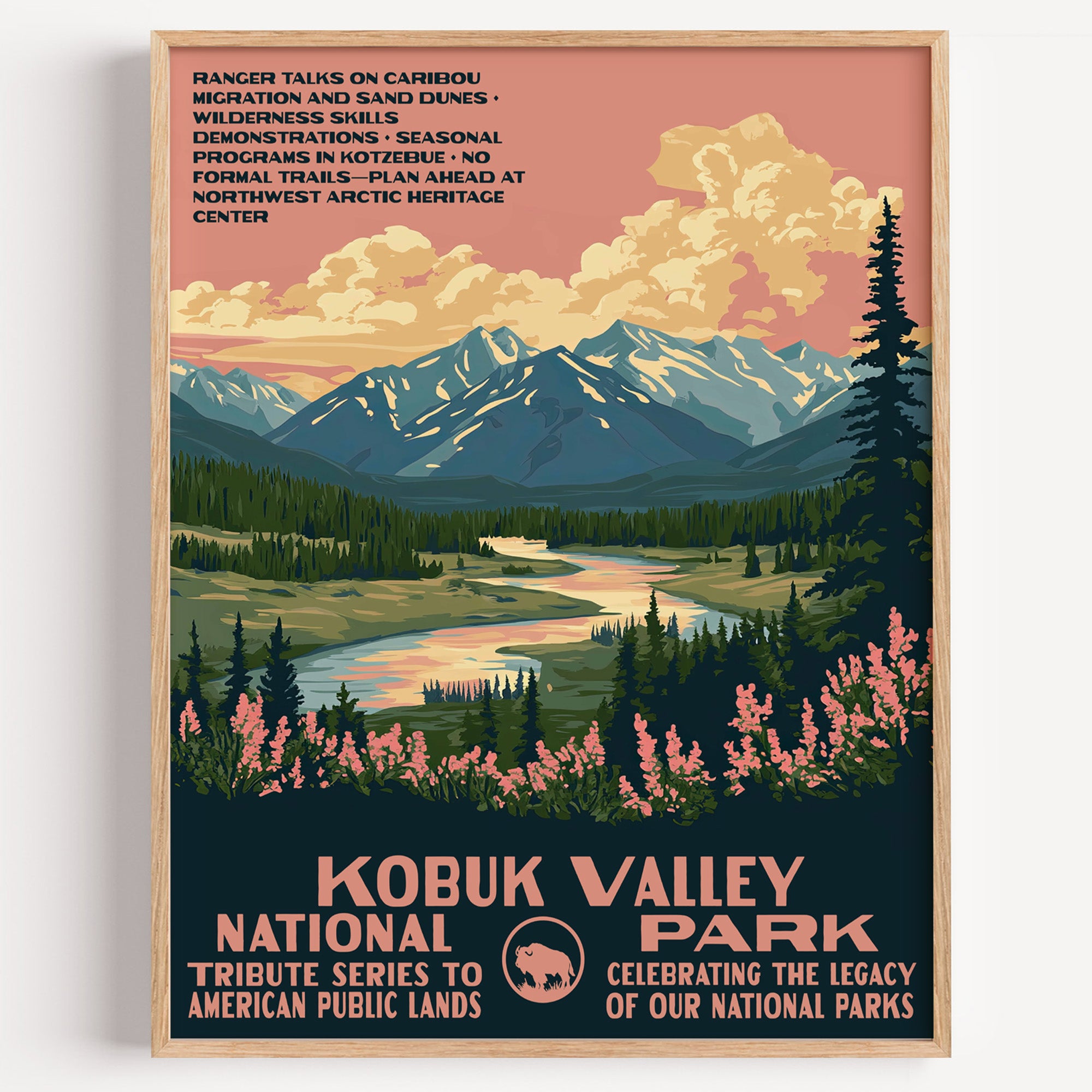 Kobuk Valley National Park wall art print in a thin wood frame, the river, sand dunes and fireweed of the caribou country