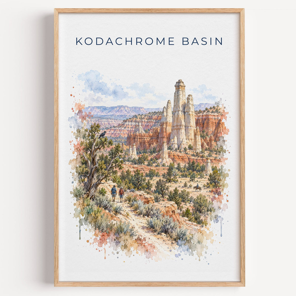 Kodachrome Basin State Park watercolor print in a light oak frame on a plain white wall
