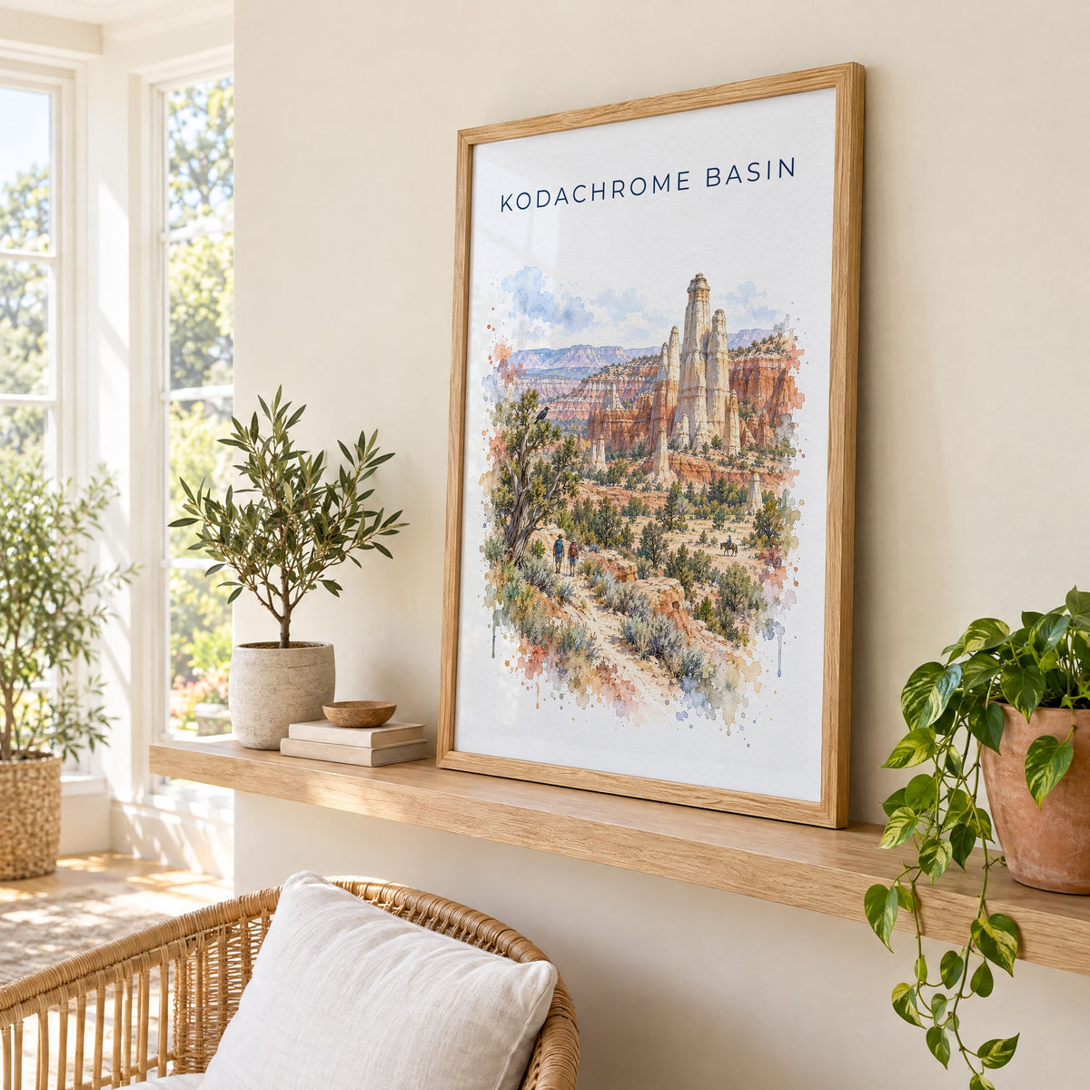 Kodachrome Basin State Park watercolor print in an oak frame on a picture ledge in a sunlit sunroom