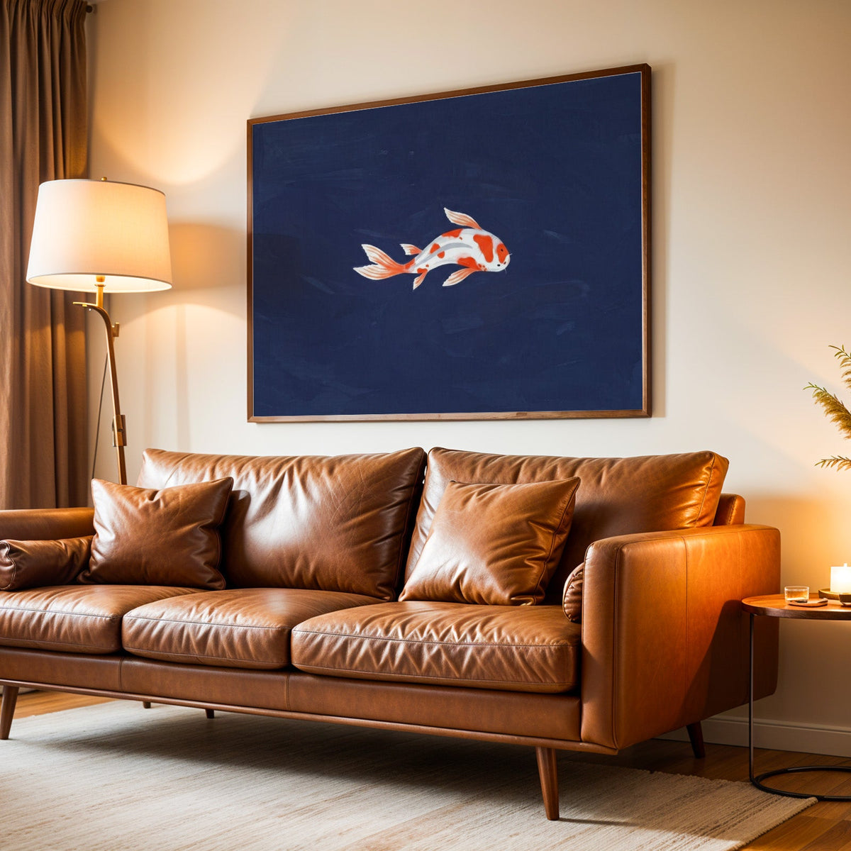 Orange and white koi print in a walnut frame above a leather sofa by lamplight
