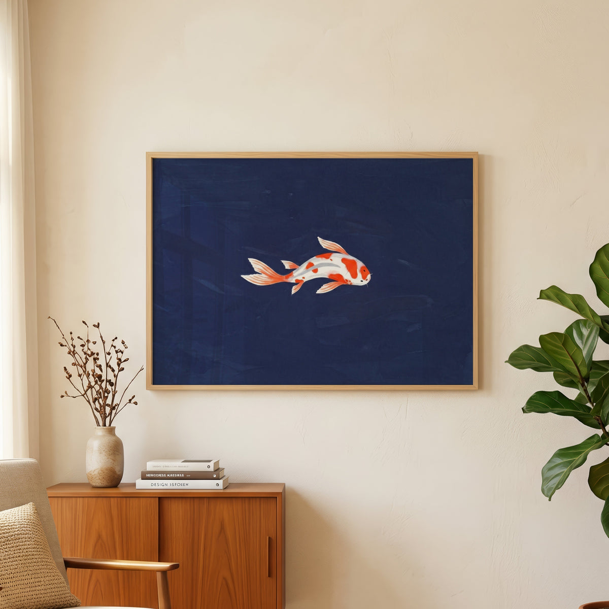 Navy koi wall art print in an oak frame above a teak sideboard beside a fig tree