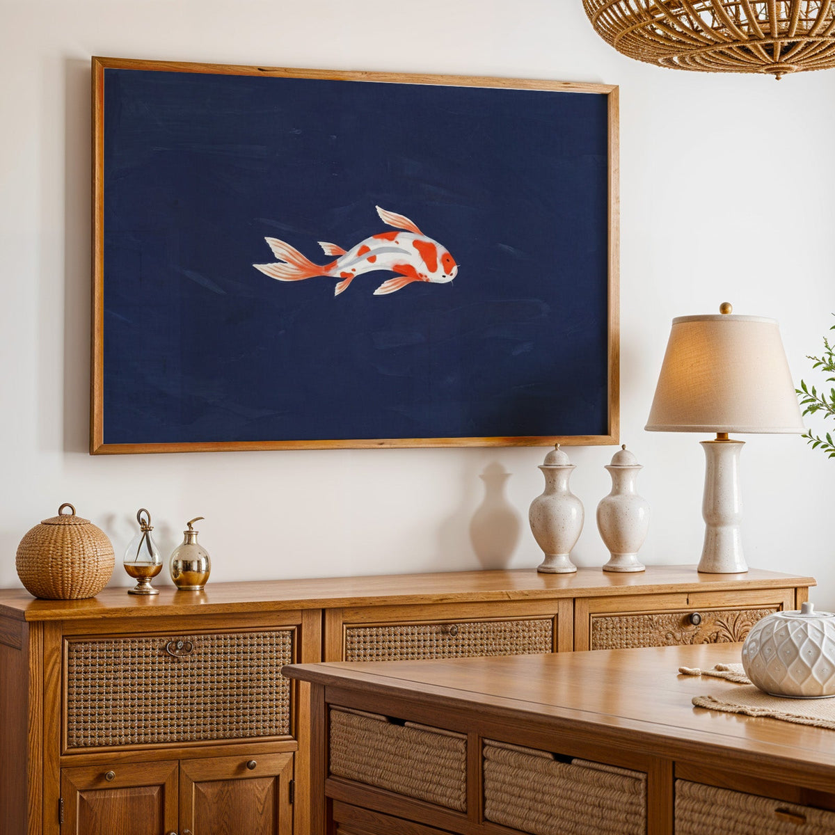 Minimalist koi print in an oak frame above a cane sideboard with a table lamp