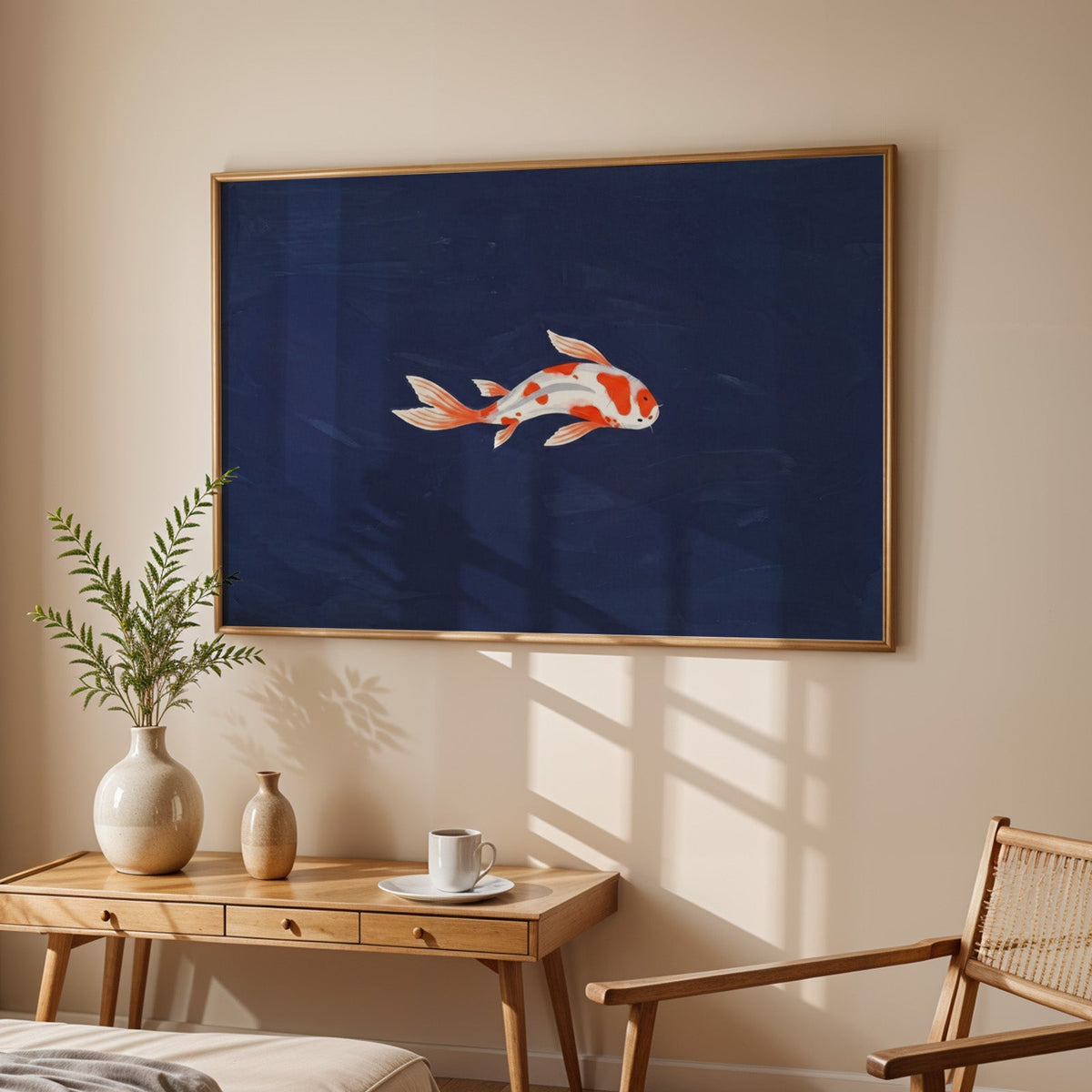 Orange and white koi print in an oak frame above a sunlit desk with a cane chair