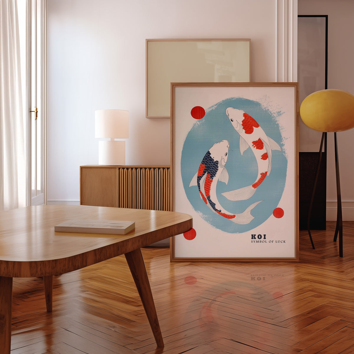 Two koi circling in blue oval print in a walnut frame leaning in a mid-century living room