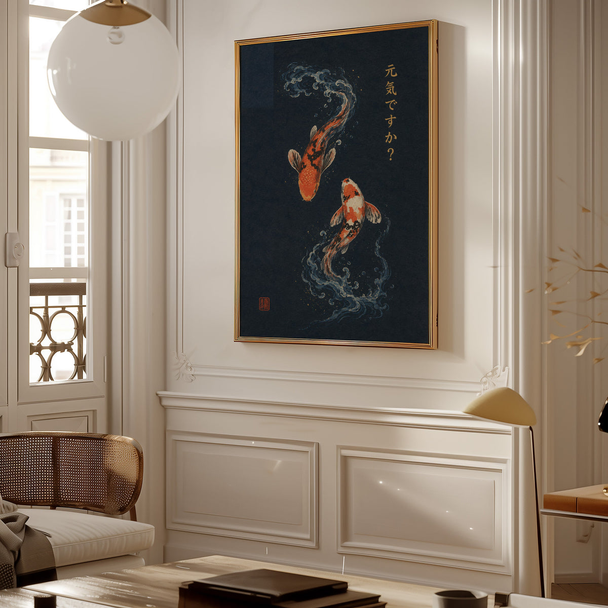 two koi fish on navy print shown in a gold frame on a paneled wall in a Parisian-style living room