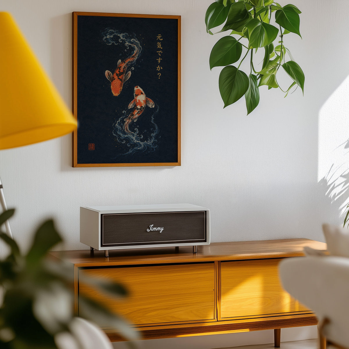 two koi fish on navy print in an oak frame above a teak mid-century sideboard with trailing pothos