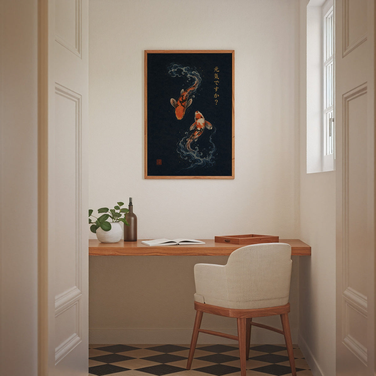 two koi fish on navy print in an oak frame above a wall-mounted desk in a home office nook