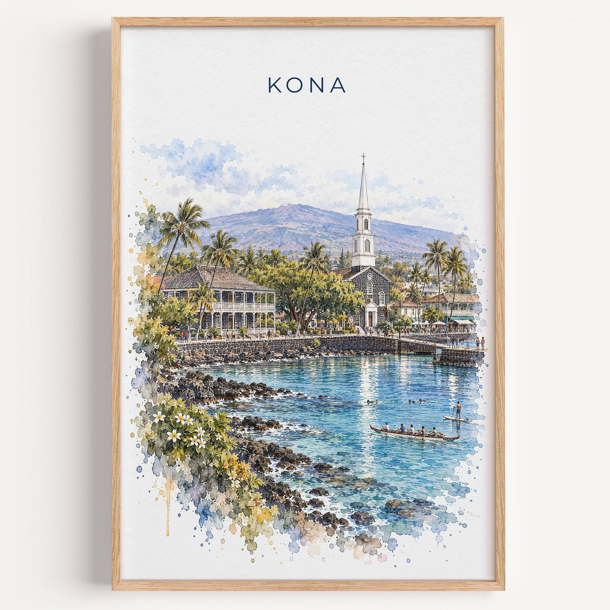 Kona, Hawaii watercolor print in a light oak frame on a plain white wall