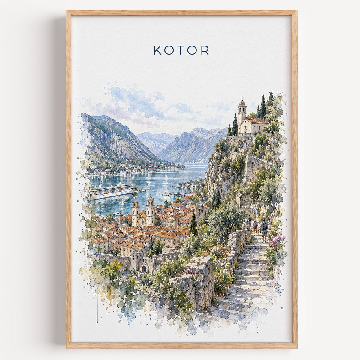 Kotor watercolor print in a light oak frame on a plain white wall