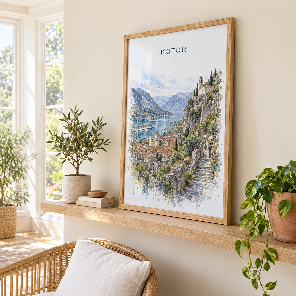 Kotor watercolor print in an oak frame on a picture ledge in a sunlit sunroom