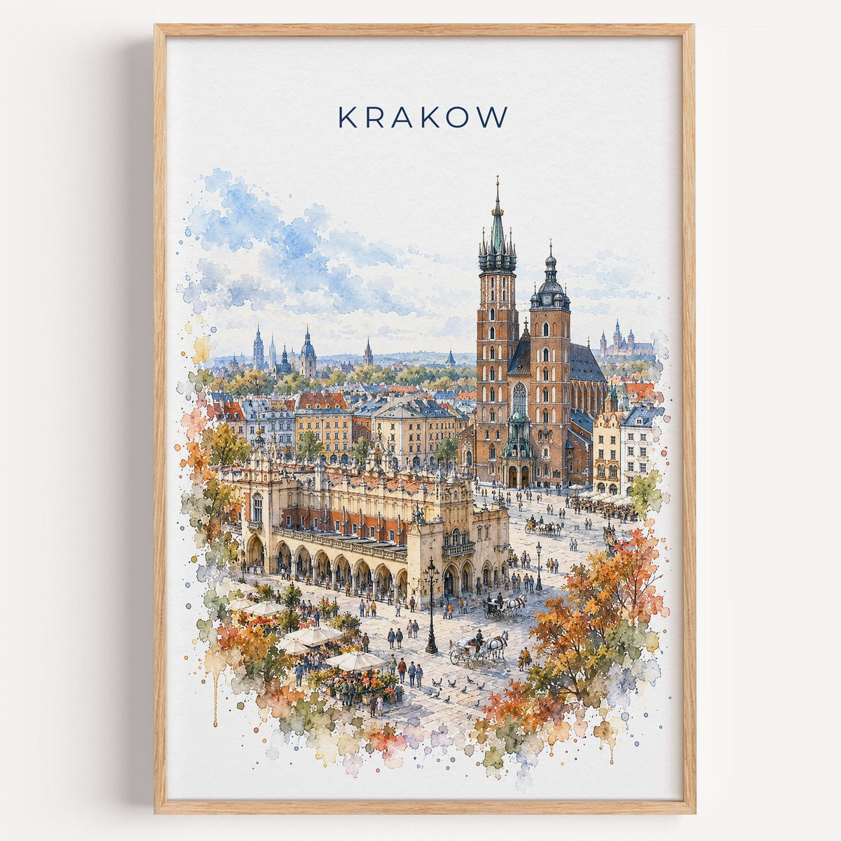 Krakow watercolor print in a light oak frame on a plain white wall