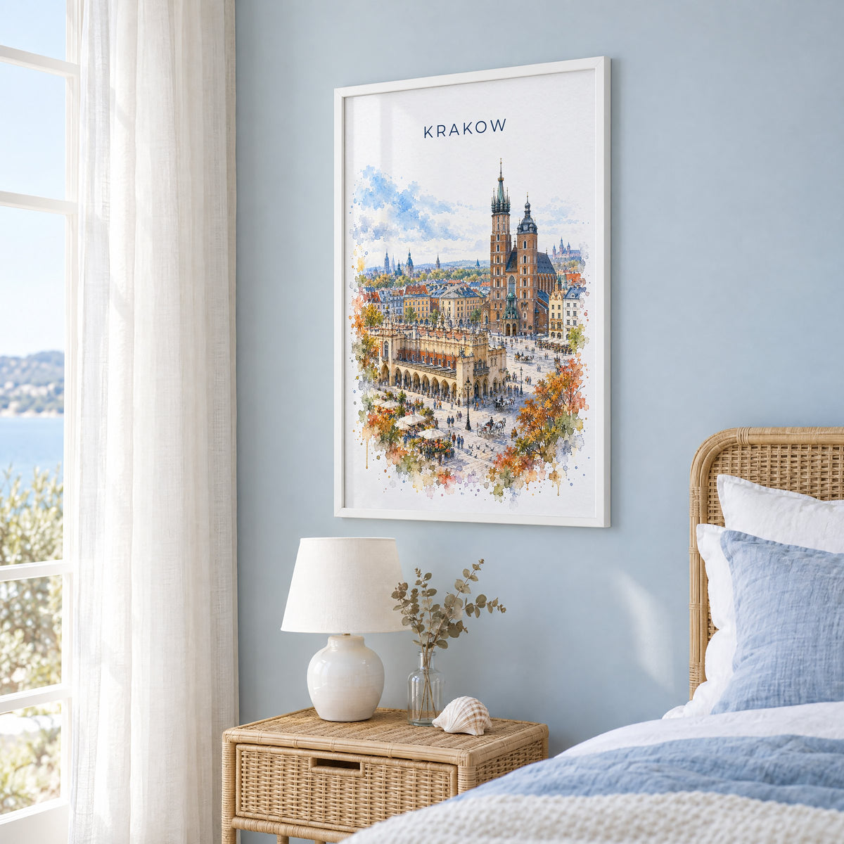 Krakow watercolor print in a white frame on a pale blue wall beside a rattan bed in a coastal bedroom