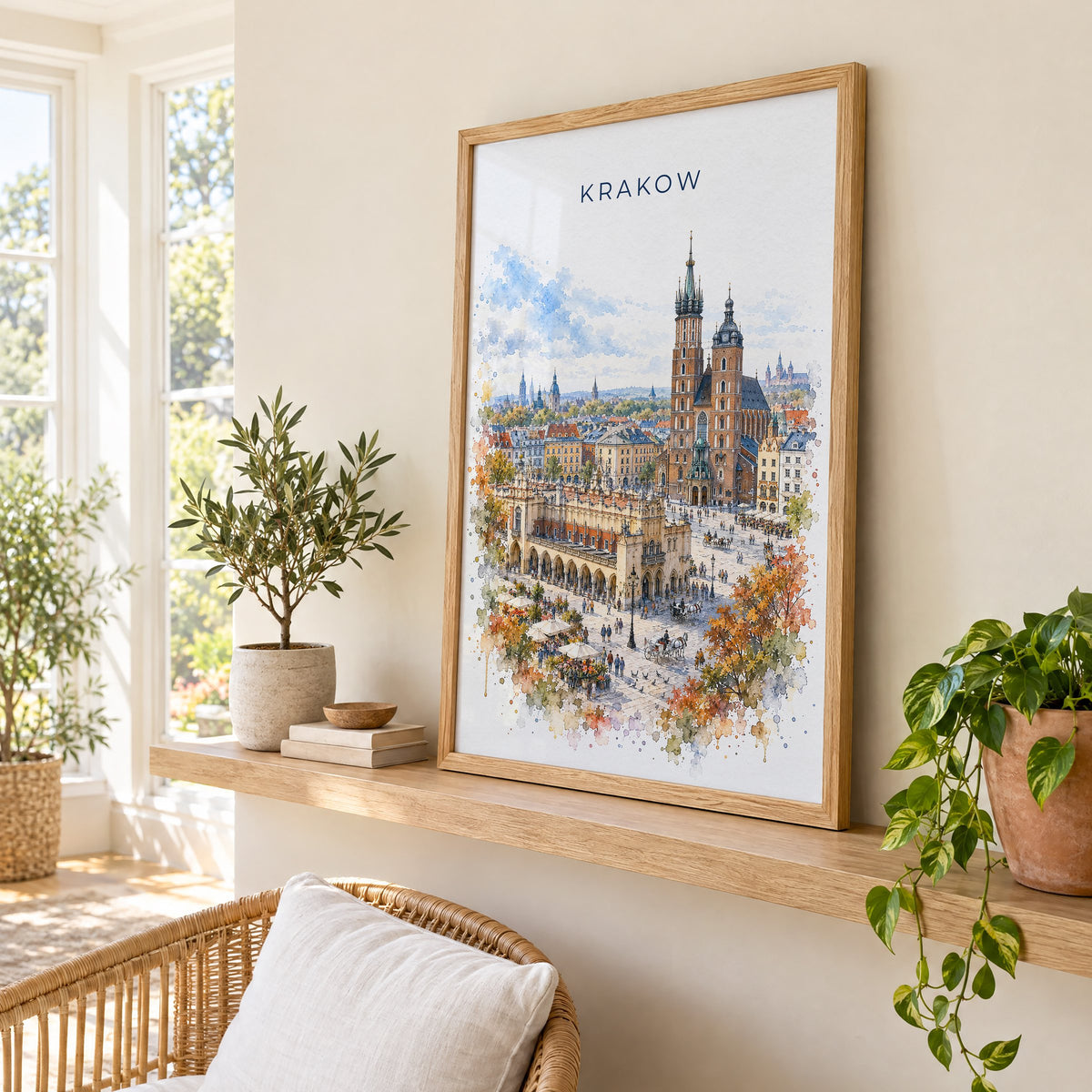 Krakow watercolor print in an oak frame on a picture ledge in a sunlit sunroom
