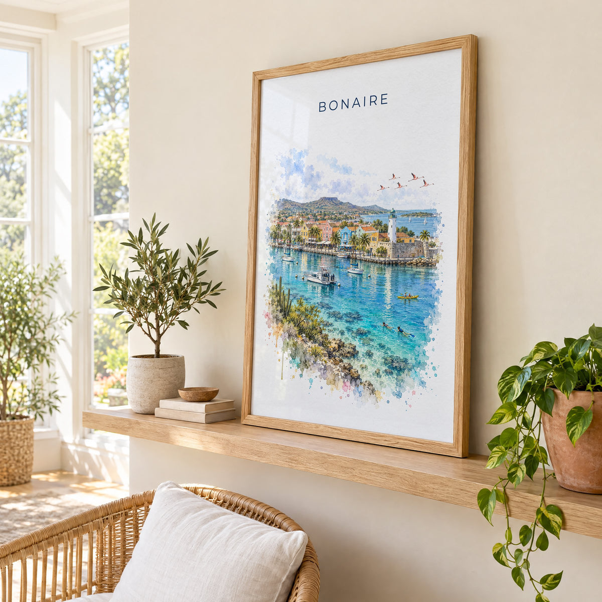 Bonaire watercolor print in an oak frame on a picture ledge in a sunlit sunroom