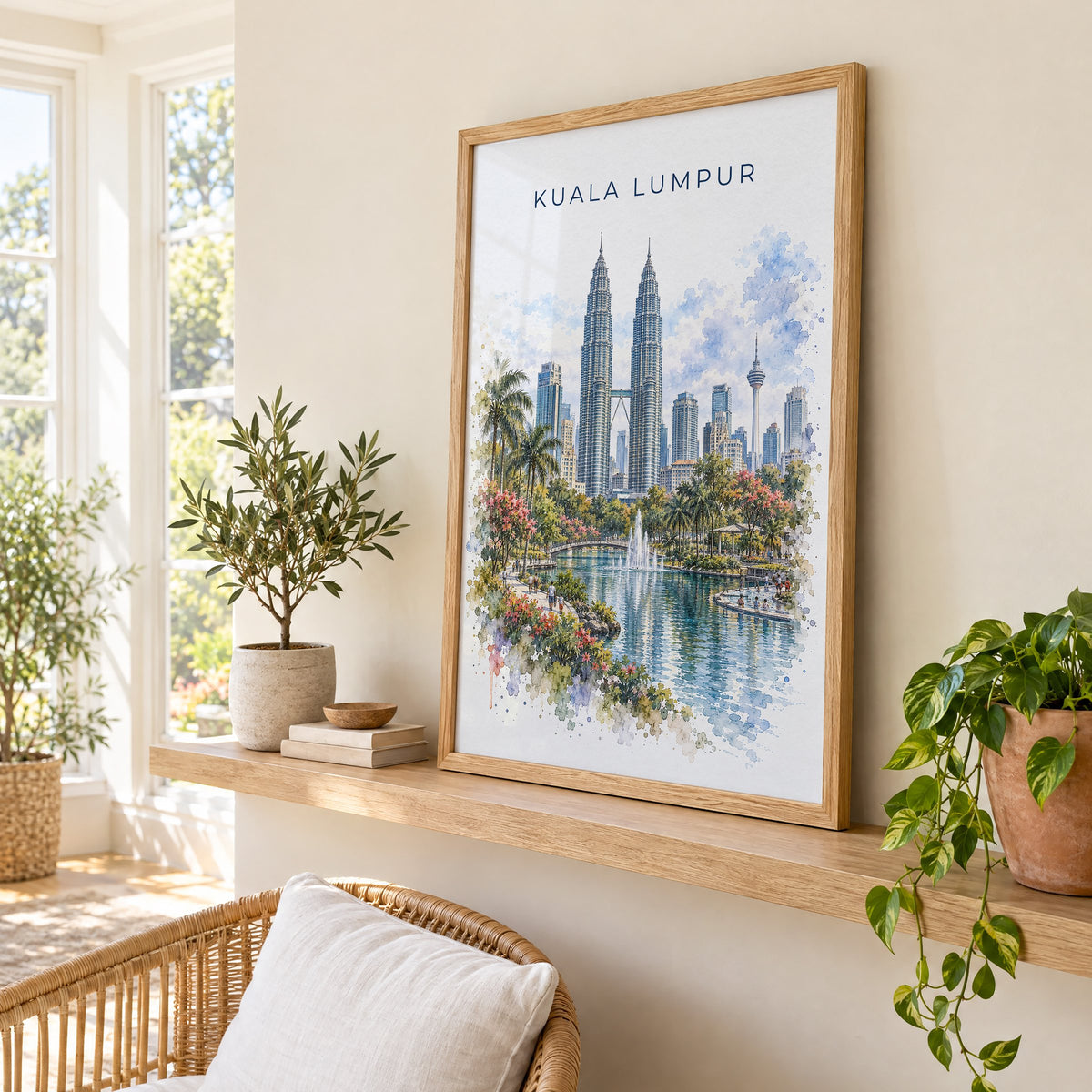 Kuala Lumpur watercolor print in an oak frame on a picture ledge in a sunlit sunroom