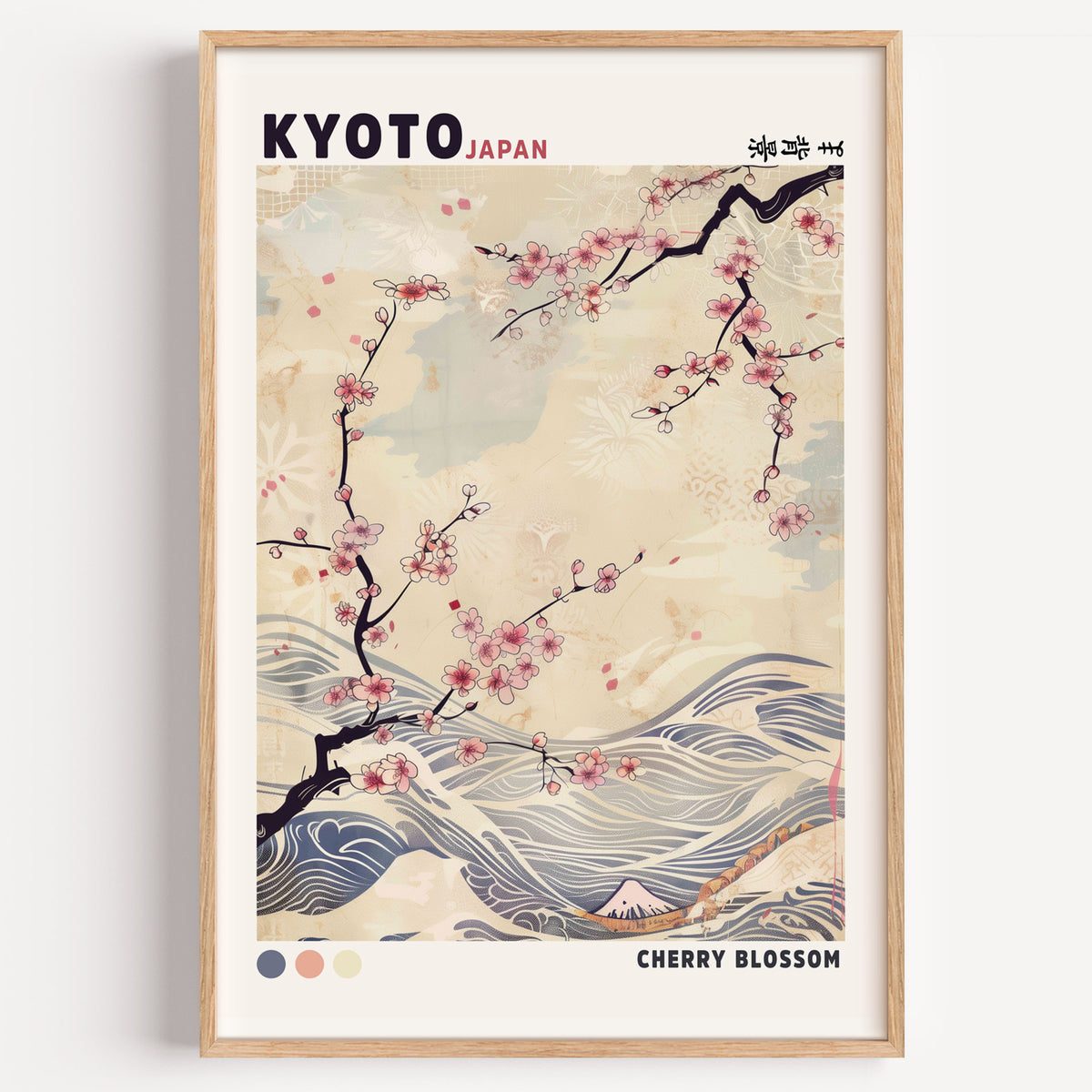 Kyoto cherry blossom and waves print in a light oak frame on a plain white wall