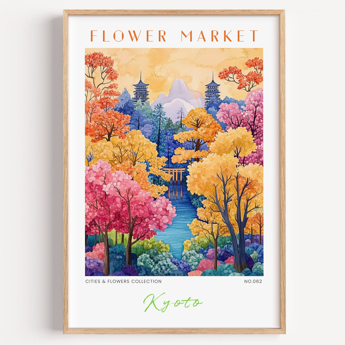 Kyoto flower market print in a light oak frame on a plain white wall