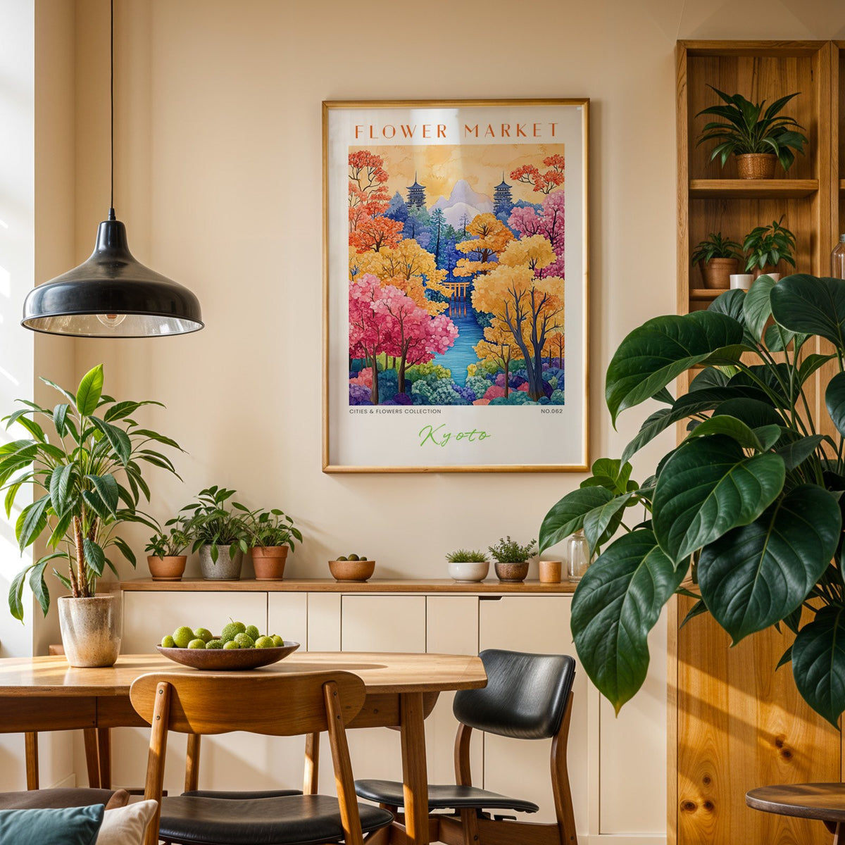Kyoto flower market print in an oak frame above a dining sideboard lined with potted plants