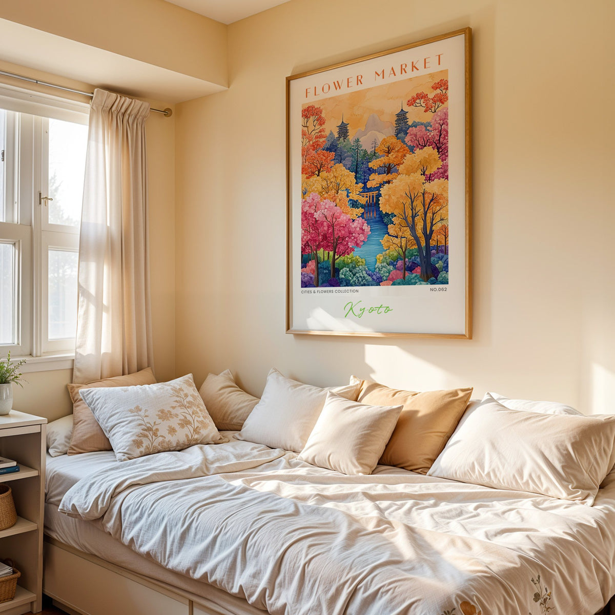 Kyoto flower market print in an oak frame above a cream daybed in a sunny bedroom