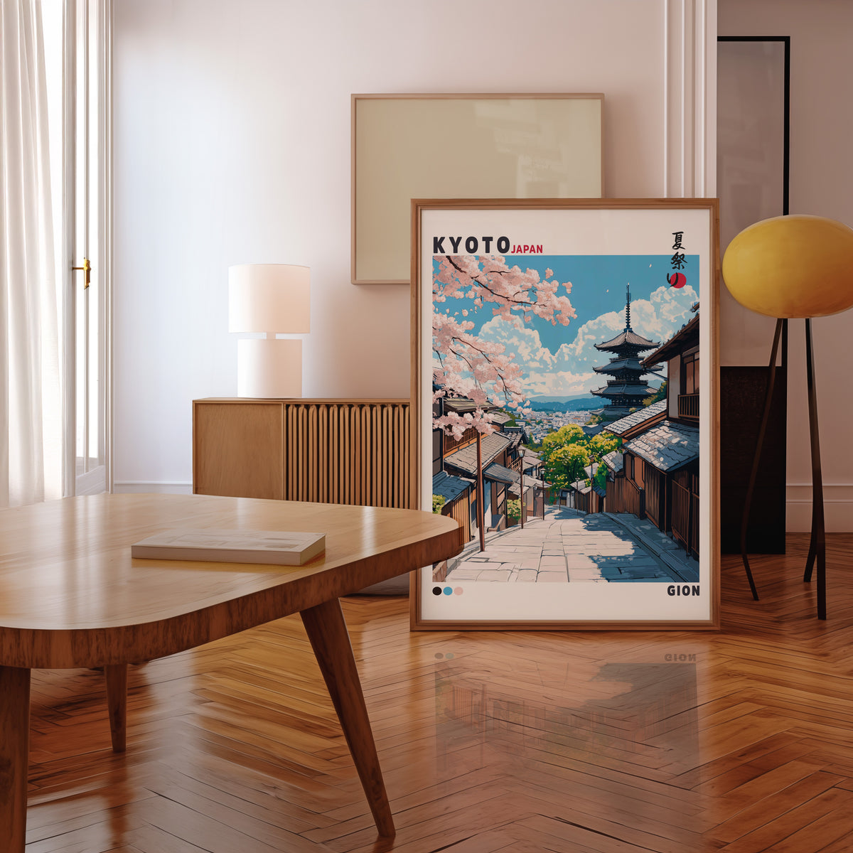 Kyoto Gion cherry blossom street print in a walnut frame leaning in a mid-century living room
