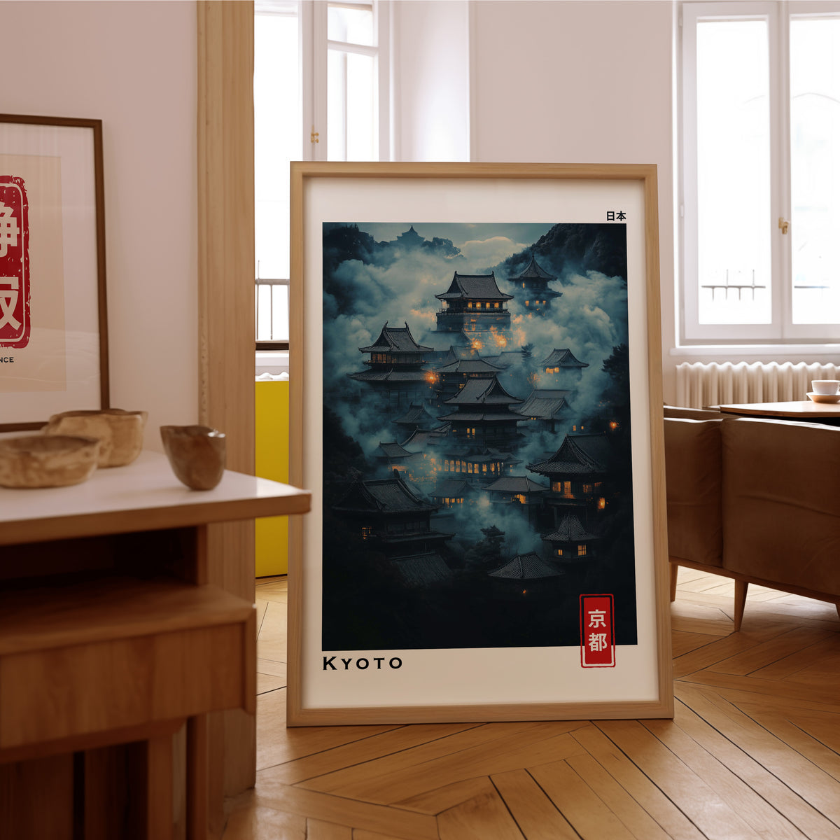 Kyoto misty night temples print in an oak frame on the parquet floor of a sunlit living room