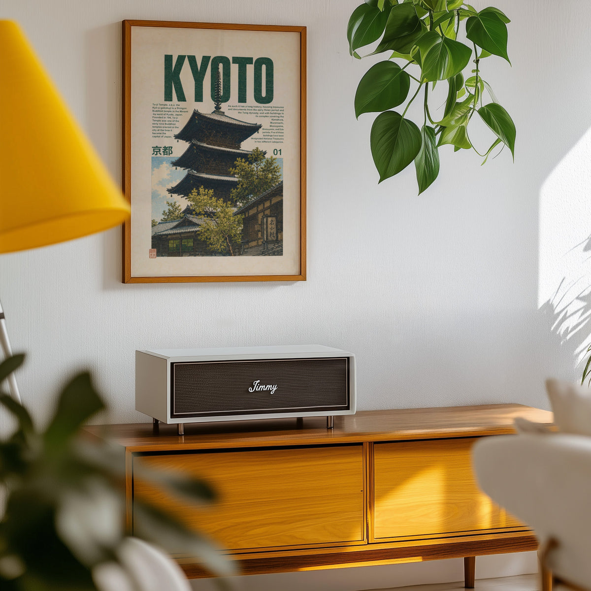 Kyoto pagoda travel poster print in an oak frame above a teak mid-century sideboard with trailing pothos
