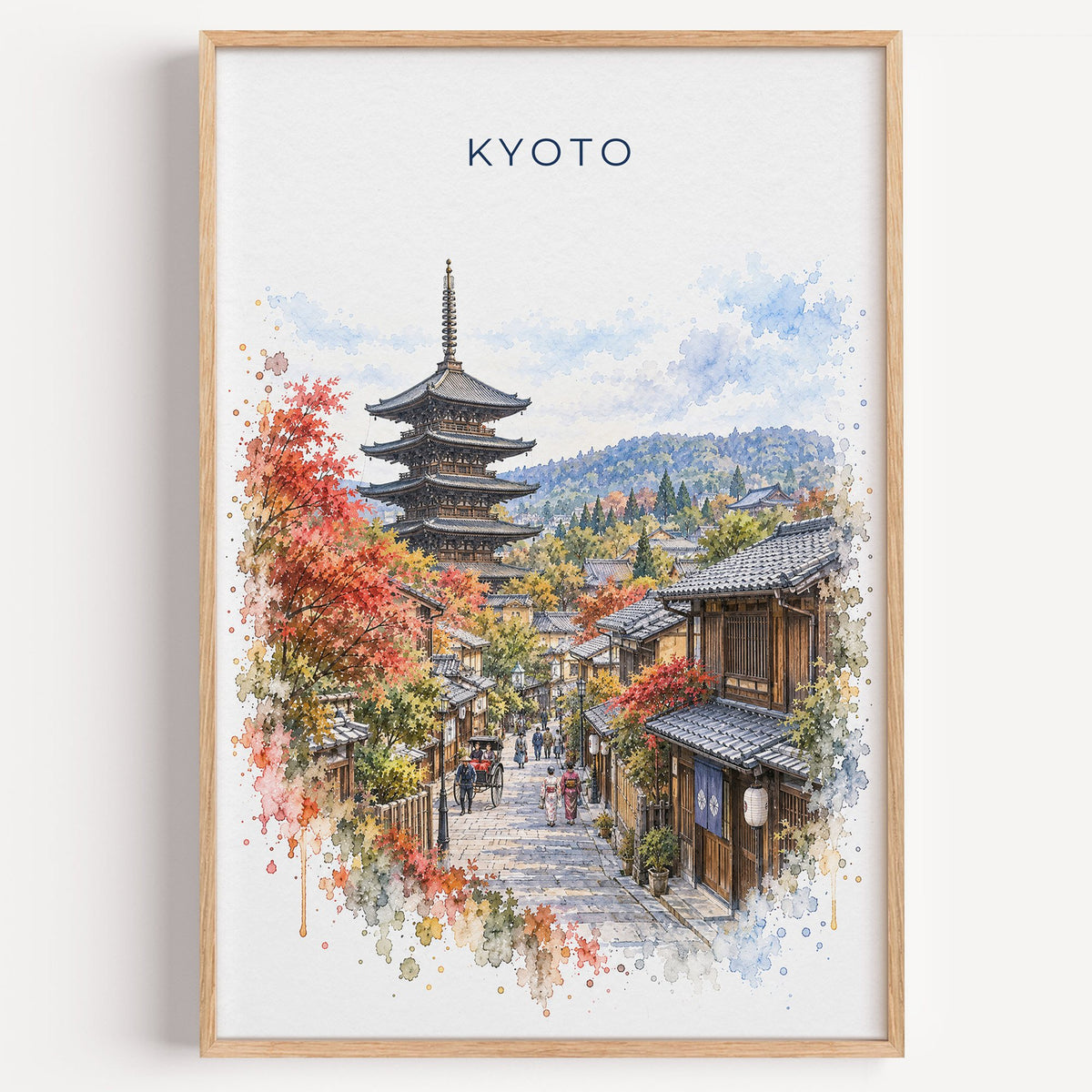 Kyoto watercolor print in a light oak frame on a plain white wall