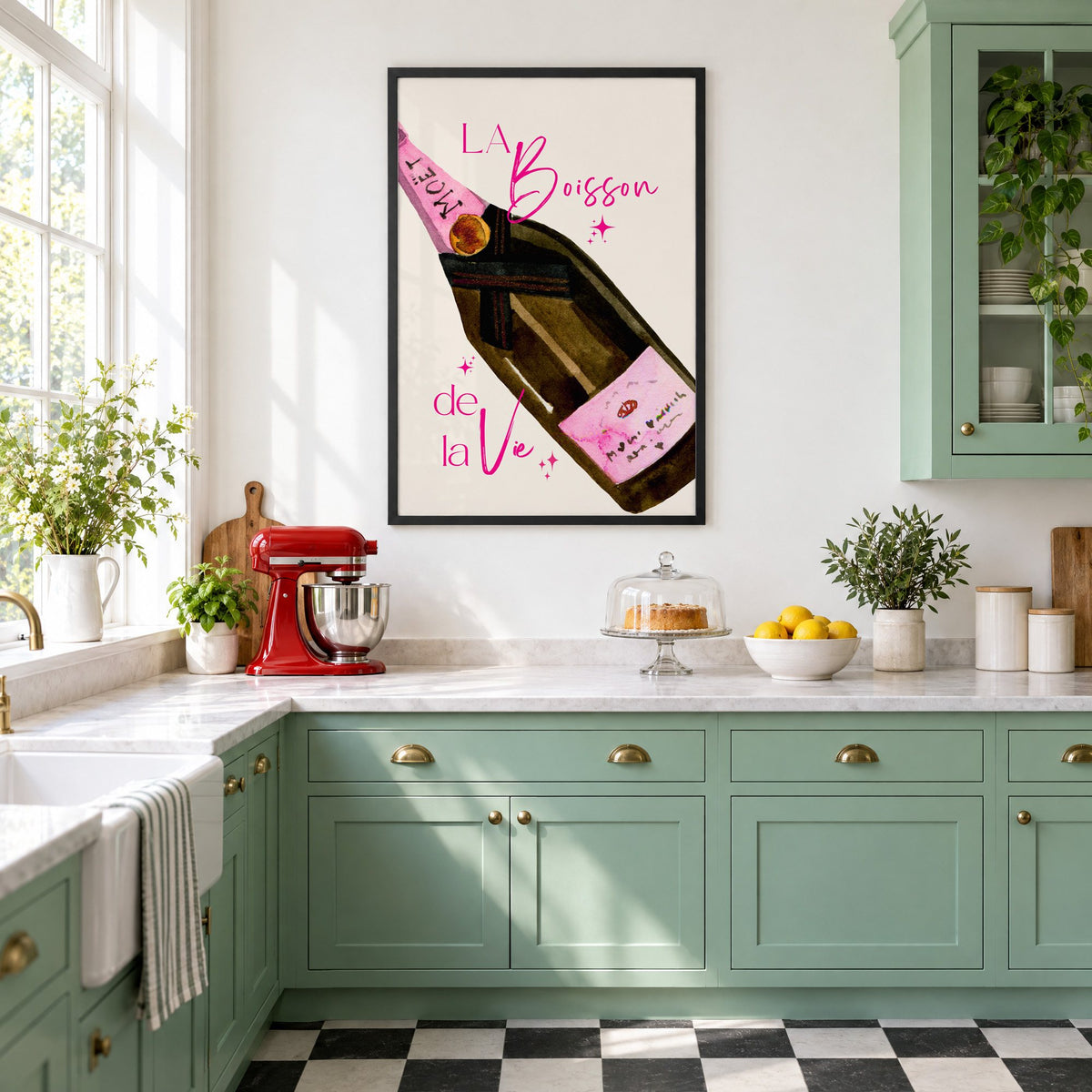 La Boisson champagne bottle watercolor print in a black frame in a mint green retro kitchen above a red stand mixer