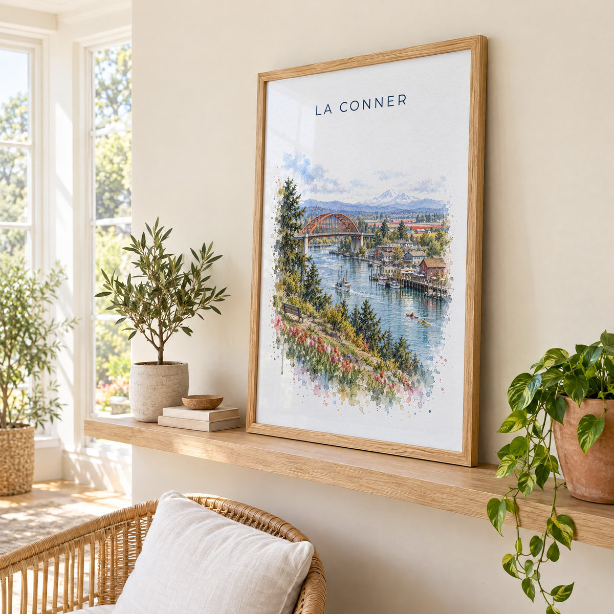 La Conner, Washington watercolor print in an oak frame on a picture ledge in a sunlit sunroom