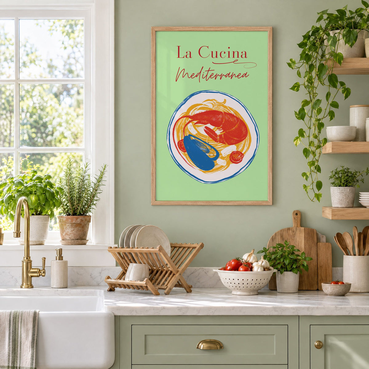 La Cucina Mediterranea seafood pasta print in an oak frame on a sage green kitchen wall beside a farmhouse sink and herbs