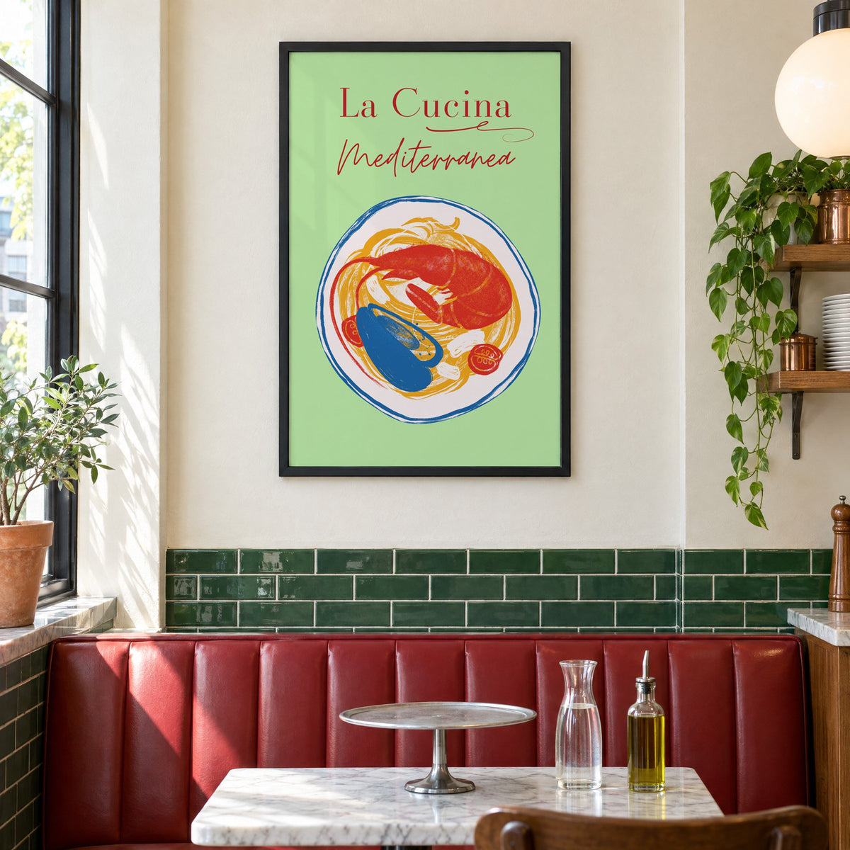 La Cucina Mediterranea seafood pasta print in a black frame above a red leather booth in a sunny pizzeria