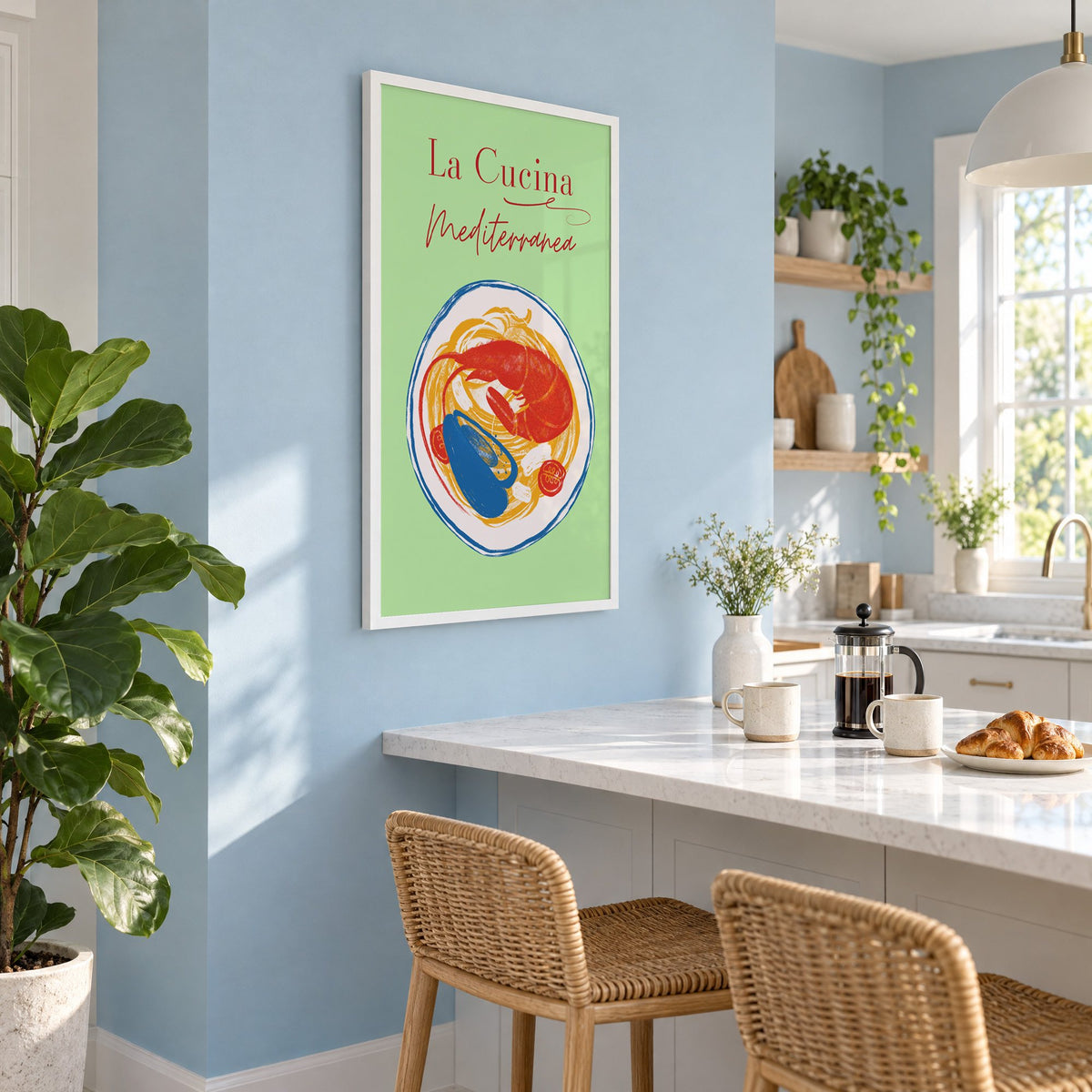 La Cucina Mediterranea seafood pasta print in a white frame on a pale blue wall above a breakfast bar with rattan stools