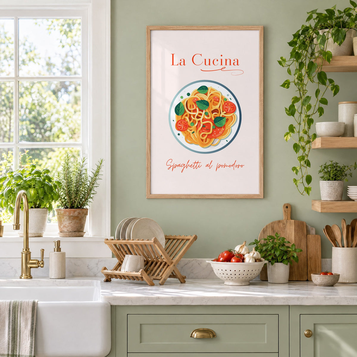 La Cucina spaghetti plate print in an oak frame on a sage green kitchen wall beside a farmhouse sink and herbs